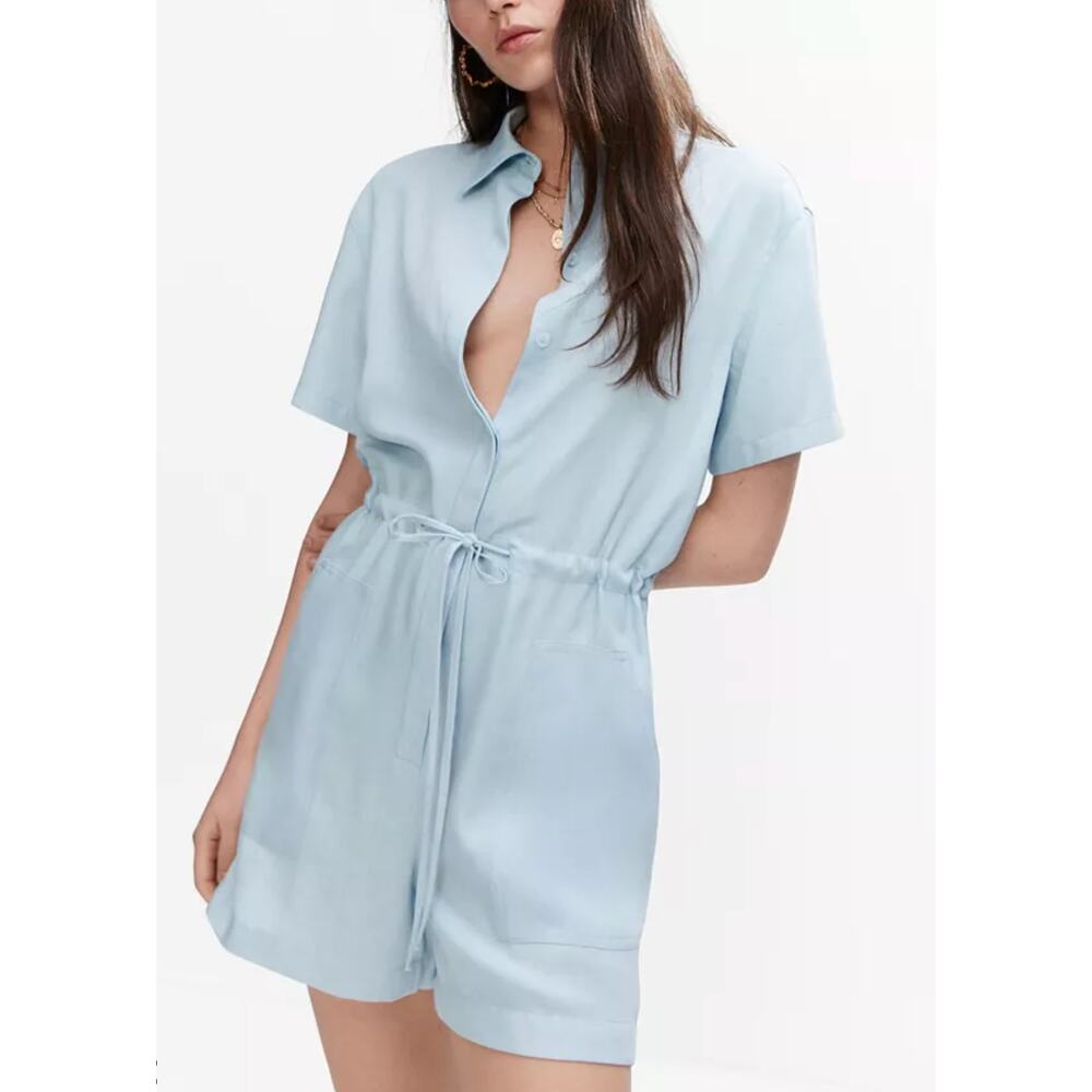Mango MNG Womens M Blue Lyocell Button Up Romper Lightweight Summer Casual NWT